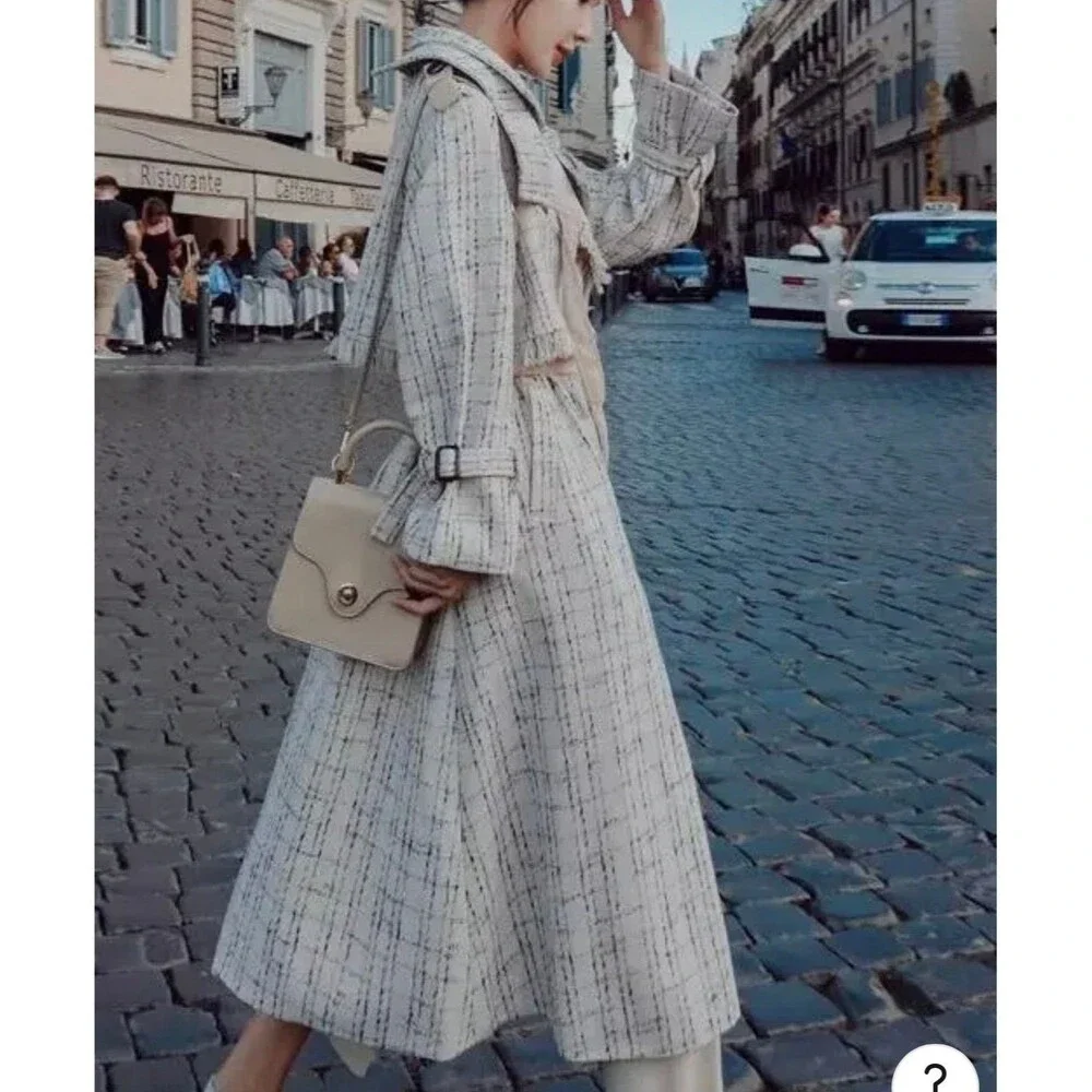 Tweed plaid trenchcoat jacket cream - Picture 2 of 6